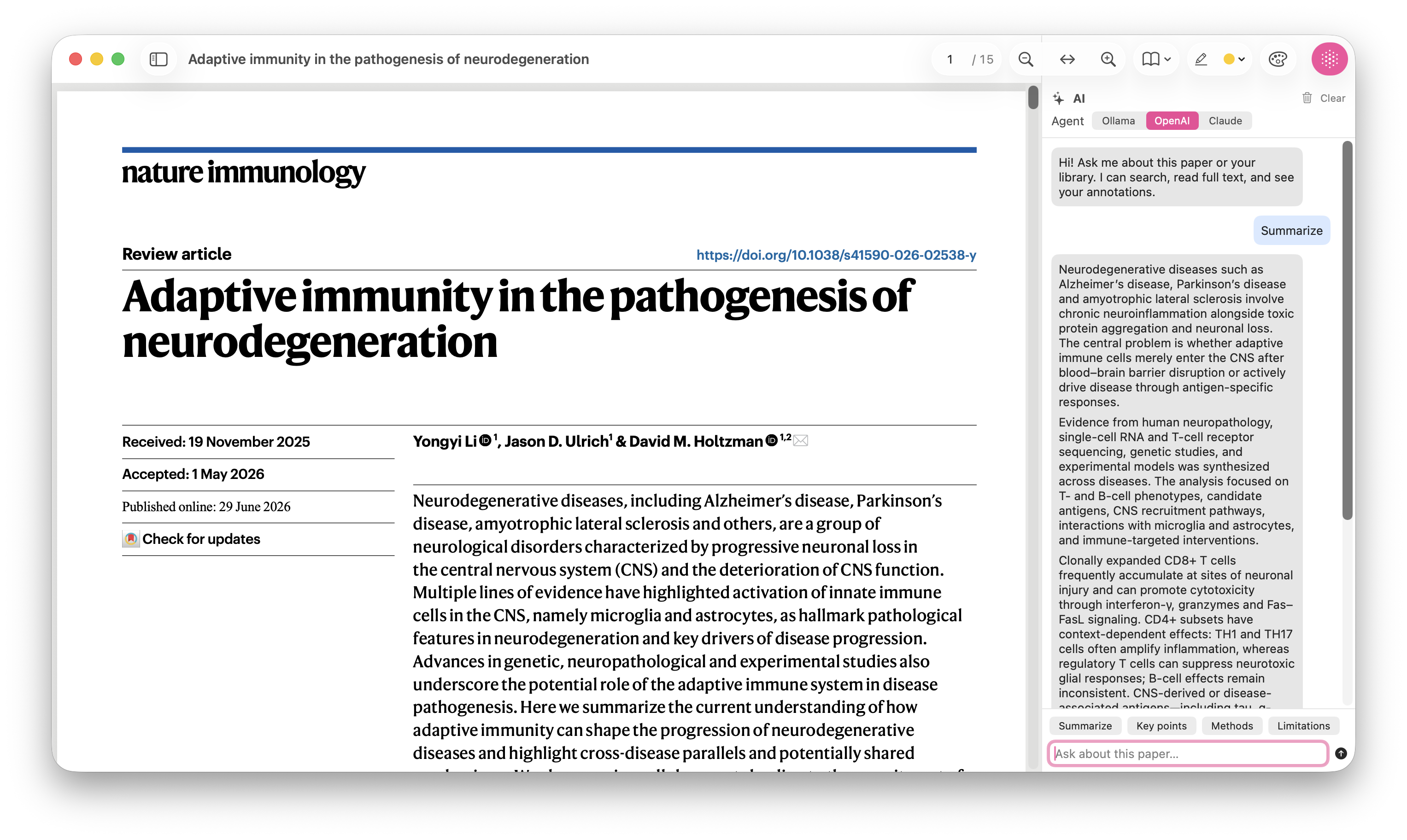 Refman PDF reader with the AI assistant summarizing the open research paper