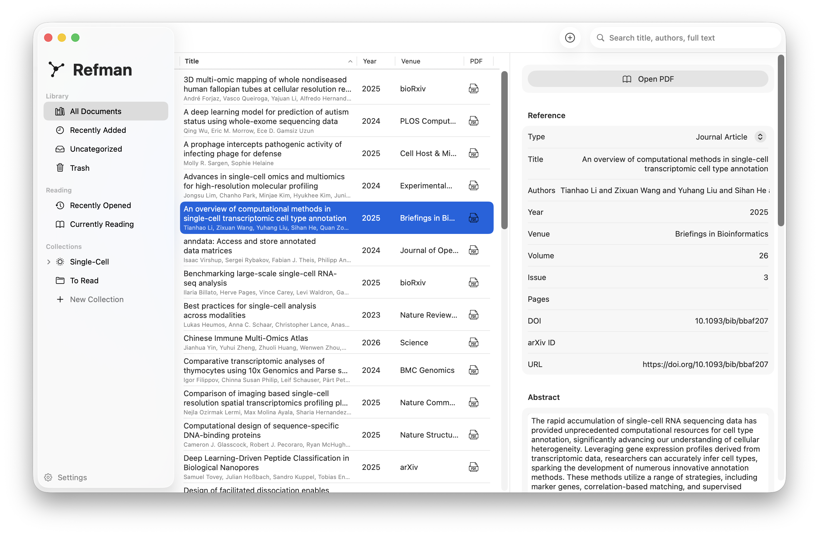 Refman app showing a library of papers, metadata inspector, and PDF list
